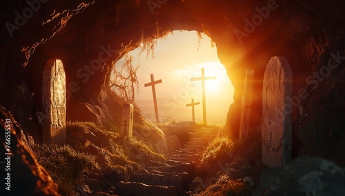 The empty tomb with the stone rolled away, three crosses in background, and sunlight shining through from outside symbolizing Jesus' delivery of way out for all people. 