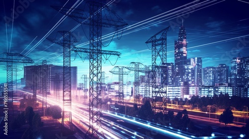 High-voltage power lines and high-rise buildings at night