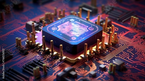 3d illustration of cpu in circuit board, closeup of photo
