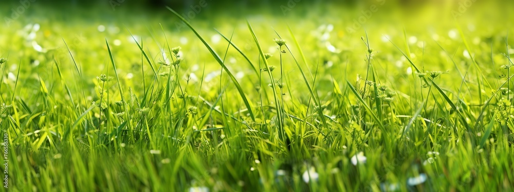Green grass and blue sky. Panoramic view. Nature background Green grass and blue sky. Panoramic view. Nature background