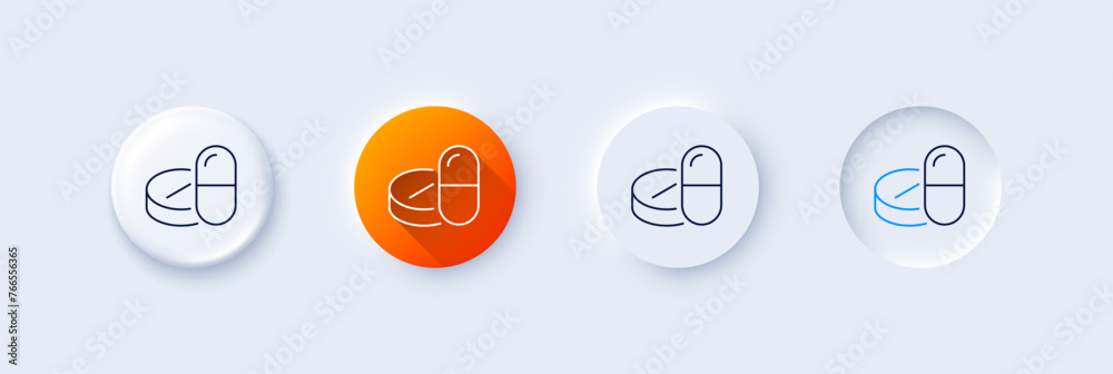 Medical drugs line icon. Neumorphic, Orange gradient, 3d pin buttons. Medicine pills sign. Pharmacy medication symbol. Line icons. Neumorphic buttons with outline signs. Vector - obrazy, fototapety, plakaty 