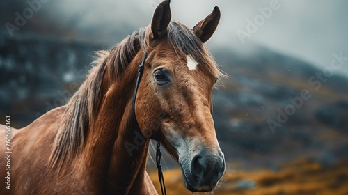 Horse in the mountains. Beautiful landscape in the autumn time. photo