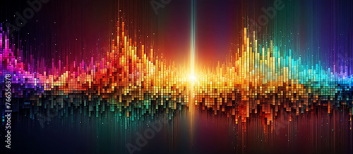 Music digital rhythms a vibrant visualization of sound waves across a pixelated spectrum of colorful  neon lights on black background photo