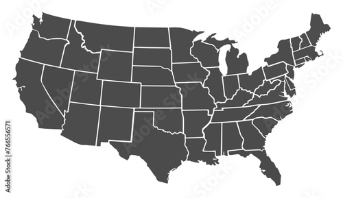 USA vector gray map isolated on transparent or white background. Editable and clear map of the United States with outlined administrative divisions. Vector illustration.