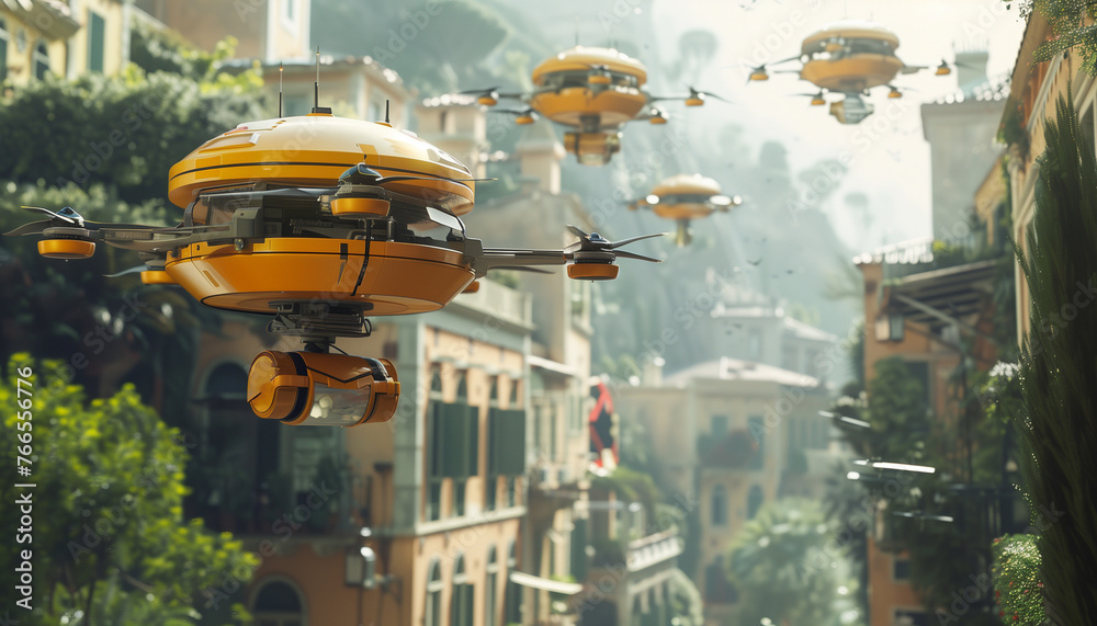 A group of drones flying in a cityscape