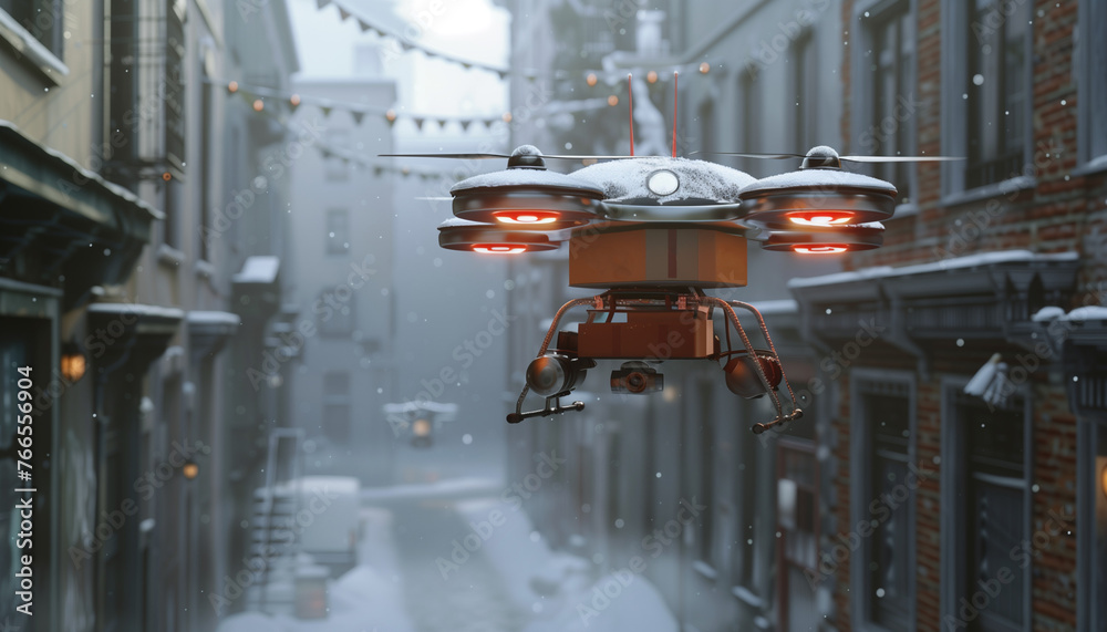 A drone carrying a delivery package and flying in an urban landscape 