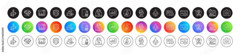 Survey results, Seo targeting and Grill line icons. Round icon gradient buttons. Pack of Analysis graph, Replacement, Approved documentation icon. Vector