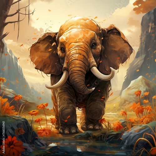 cute cartoon mammoth in the forest -