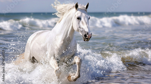 A breathtaking white horse bursting from the waves  its eyes gleaming with excitement as it breaks free from the embrace of the ocean.