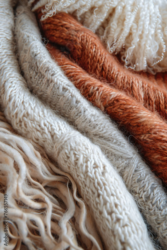 Assorted Woolen Blankets and Knitwear in Warm Earthy and Cool Tones. Collection of Natural Wool Textiles