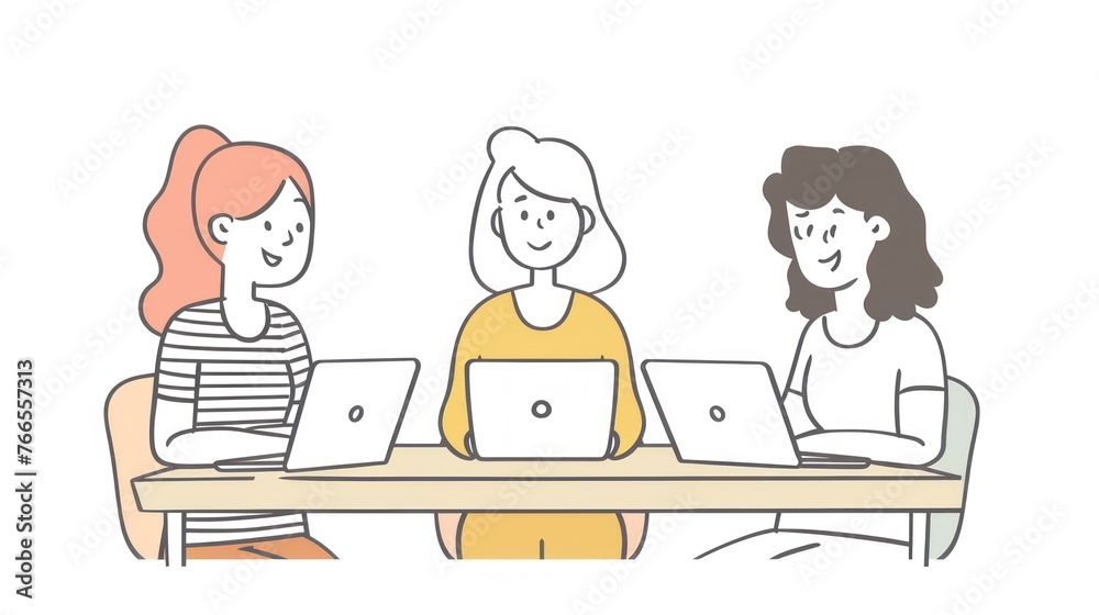 Simple liner icon illustration of women sitting at a table and working on laptops Simple liner icon illustration of women sitting at a table and working on laptops