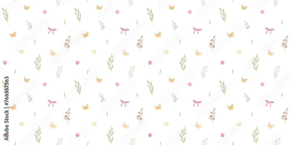 cute seamless pattern with watercolor flowers and leaves, hand painted