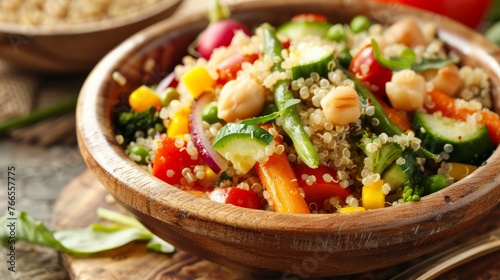 Healthy vegetarian quinoa salad in a wooden bowl. Nutritious and colorful food concept. Perfect for articles on healthy eating, recipes, and lifestyle wellness