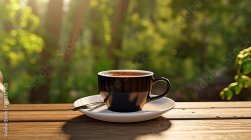 Cup of coffee on a wooden table, close-up.