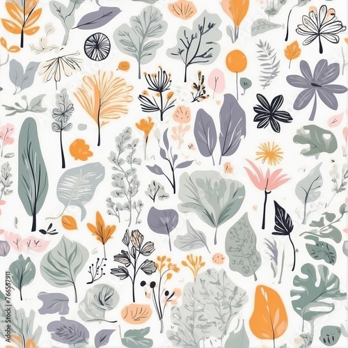 A collection of seamless pattern, colorful abstract plants and flowers. Hand drawn Collection of leaves and flowers. A close up of a pattern of flowers and leaves. 