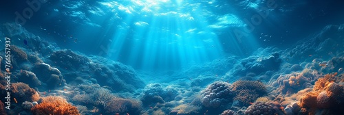 Beneath the azure sea, sunlight dances, illuminating the vibrant underwater world teeming with marine life.
