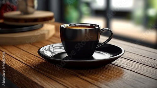 Cup of coffee on a wooden table, close-up.