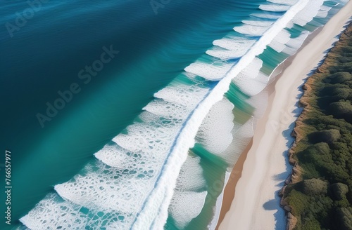 View of the blue ocean shore. Sea coast, foamy waves. Turquoise water. Postcard for the resort. A place to travel. Travel destination. Aerial view of beach.