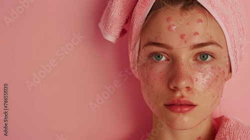 Young woman with facial acne treatment mask  towel on head against pink background. Skincare and wellness concept with copy space