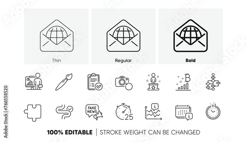 Block diagram, Fake news and Puzzle line icons. Pack of Chart, Digestion, Brush icon. Calendar, Timer, Teacher pictogram. Approved report, Recovery photo, Time. Web mail, Bitcoin graph. Vector