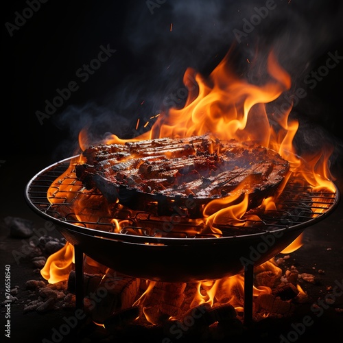 Grilled meat on a barbecue grill with flames on a black background