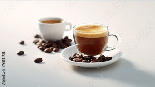 Cup of coffee and coffee beans on a white background, close-up