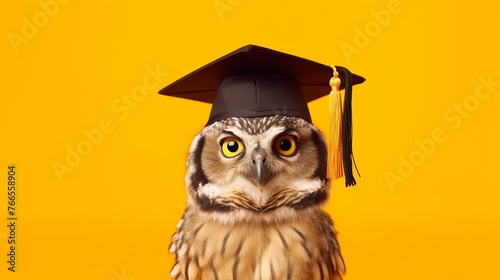 Owl with graduation cap on yellow background. Education concept. Copy space.