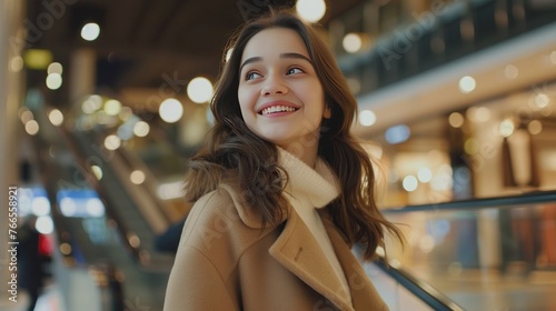 Happy smiling young woman with long hair wearing a beige coat on blurred background of shopping center