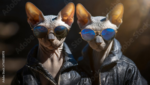 Two sphynx cats wearing sunglasses and jackets photo