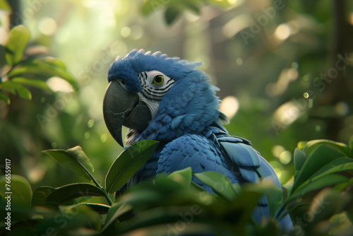 Bright Blue Hyacinth Macaw Parrot in Jungle.