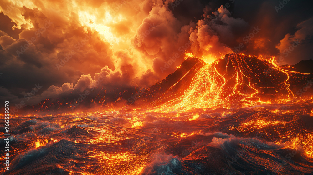 Fantasy Worlds. Volcanic Realm. A realm dominated by volcanoes and lava - obrazy, fototapety, plakaty 