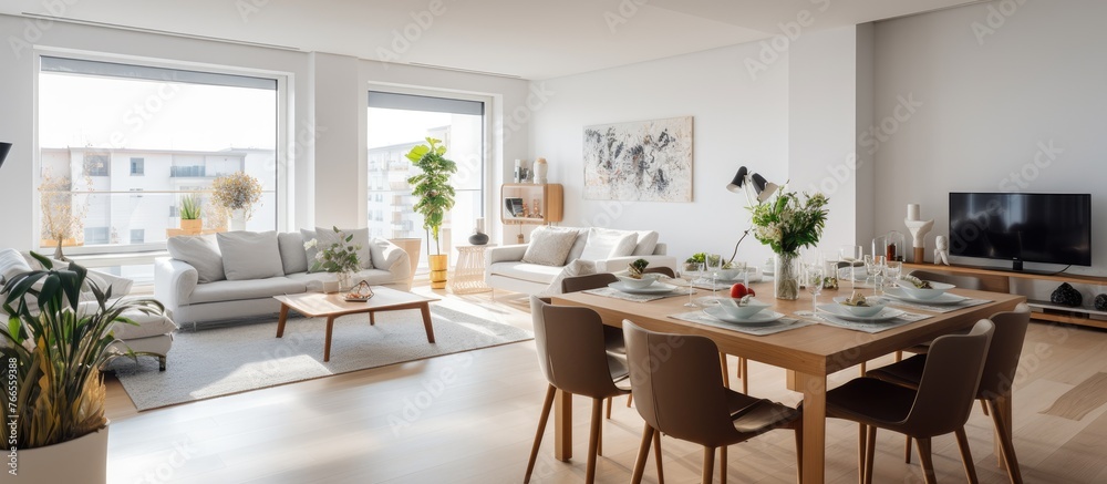 A cozy dining area featuring a wooden table surrounded by chairs, with a television placed in the corner of the room A cozy dining area featuring a wooden table surrounded by chairs, with a television placed in the corner of the room