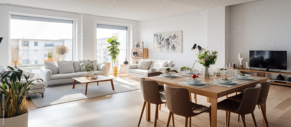 A cozy dining area featuring a wooden table surrounded by chairs, with a television placed in the corner of the room