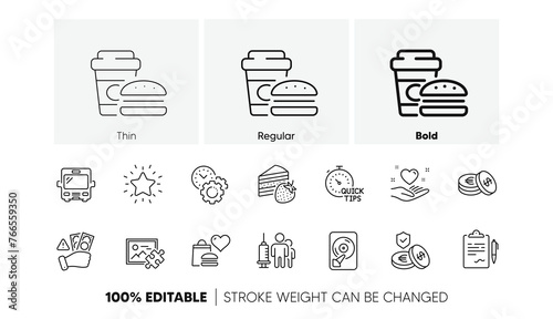 Fast food, Bus and Time management line icons. Pack of Hdd, Cake, Savings icon. Quick tips, Clipboard, Fraud pictogram. Rank star, Puzzle image, Savings insurance. Medical vaccination. Vector