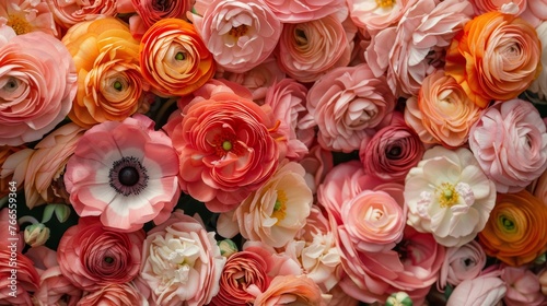 Vibrant assortment of pink and orange ranunculus flowers. Ideal for greeting card, invitation design, and spring celebration concept