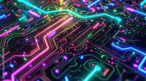 Abstract Futuristic Circuit Board with Neon Lights