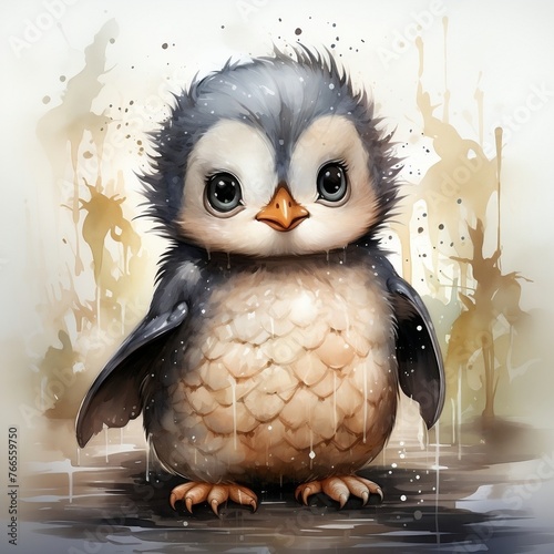 Cute penguin with watercolor effect, 2d illustration