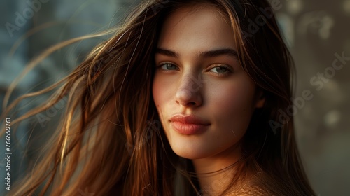 Close-up portrait of a young woman with golden-hour lighting. Beauty and lifestyle concept. Design for beauty magazine, model portfolio, makeup advertisement