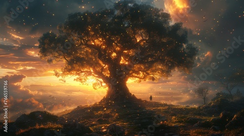 A magical tree glows amidst twilight  its branches reaching out to the serene sky  inspiring awe and fantasy.