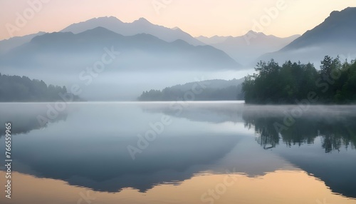 Tranquil Calm Lake With Misty Mountains In The Ba