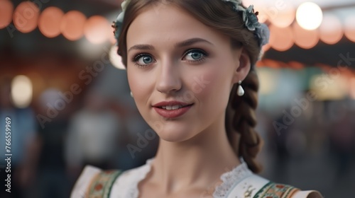 Beautiful girl with long hair at the Oktoberfest and beautiful dirndel dress Generative AI photo