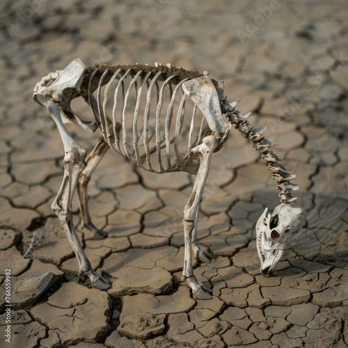 Illustration of cow skeleton standing upright on cracked briddle drie mud soil photo