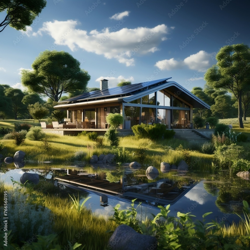 3d rendering of concept green eco house, in the meadow background 3d rendering of concept green eco house, in the meadow background