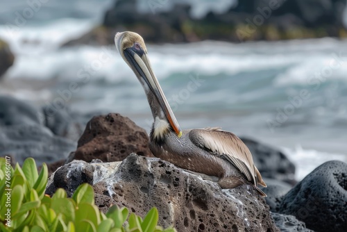 Galapagos Brown Pelican. Beautiful Bird sitting on a rock at Espanola Island, Ecuador, South America