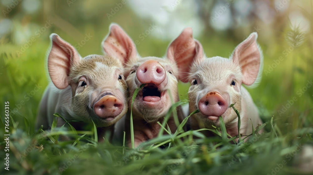 Happy Piglets in the Field Eating Grass. Adorable Baby Pigs Enjoying Fresh Food Outdoors with Smiling Faces Happy Piglets in the Field Eating Grass. Adorable Baby Pigs Enjoying Fresh Food Outdoors with Smiling Faces