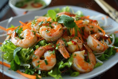 Healthy Vietnamese Shrimp Salad. Delicious Asian Dish with Fresh Shrimp, Vegetables and Herbs. Perfect for Cookery and Eatery