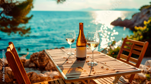 Seaside wine tasting setup with two glasses and bottle on wooden table. Romantic summer dining and leisure concept with ocean backdrop for poster or banner design