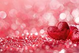 Love Celebration on Light Pink Glitter Background with Red Heart Shapes. Valentine's Day Decoration with Symbolic Nubes