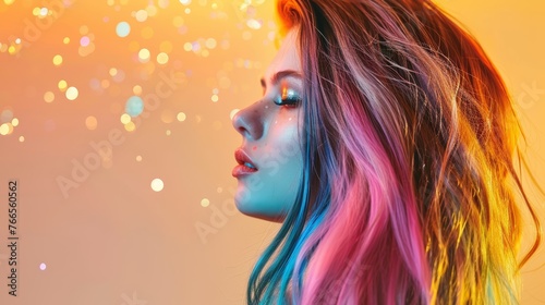 Profile view of a young woman with vibrant multicolored hair. Studio shot with sparkling background. Creative expression and makeup concept with copy space.