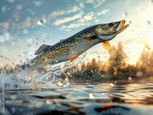 Pike Jumping Out of Freshwater. 3D Render of Angling Adventure with Splashing Water and Excited Fisherman Catching Pike